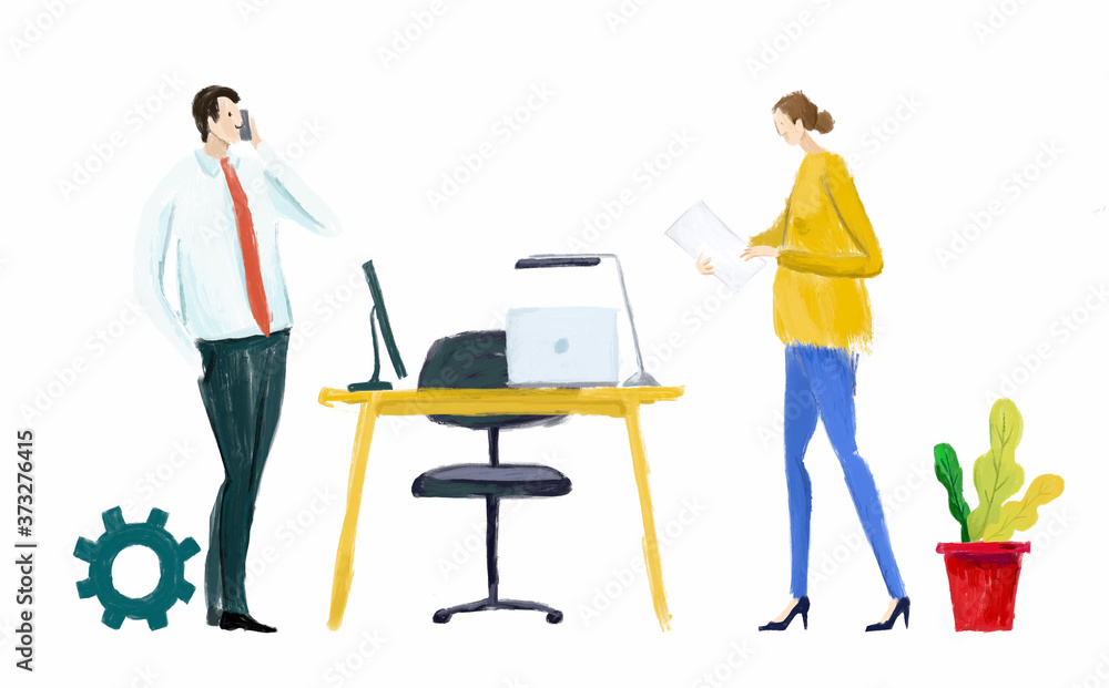 Business people working in office. Startup employees. Goal thinking, solving the problem, finding solutions, infographic of puzzle. Business concept illustration
