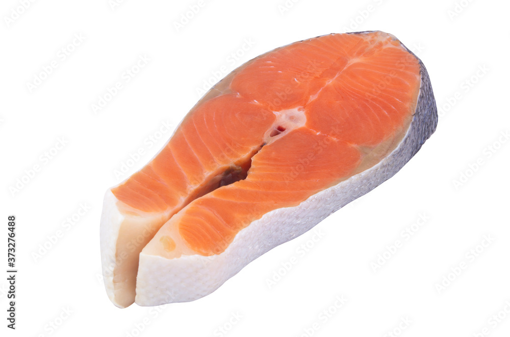 Raw salmon steak isolated on white background