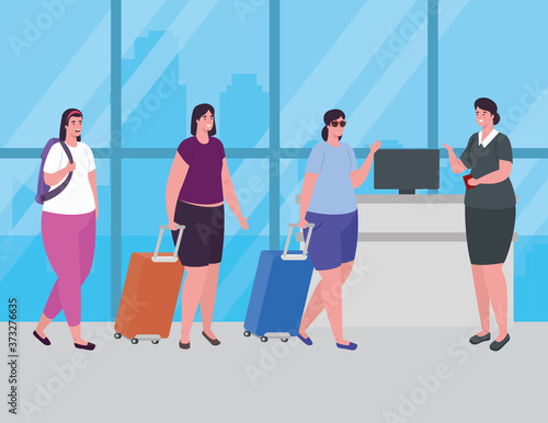 women standing to check in, order to register for flight, group female with baggages waiting for plane departure at airport vector illustration design