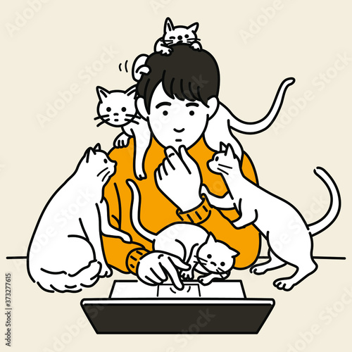Man working on laptop at home white many cat and kitten playing around hime. Stay home and working concept; Outline, linear, thin line art, hand drawn sketch, simple style.