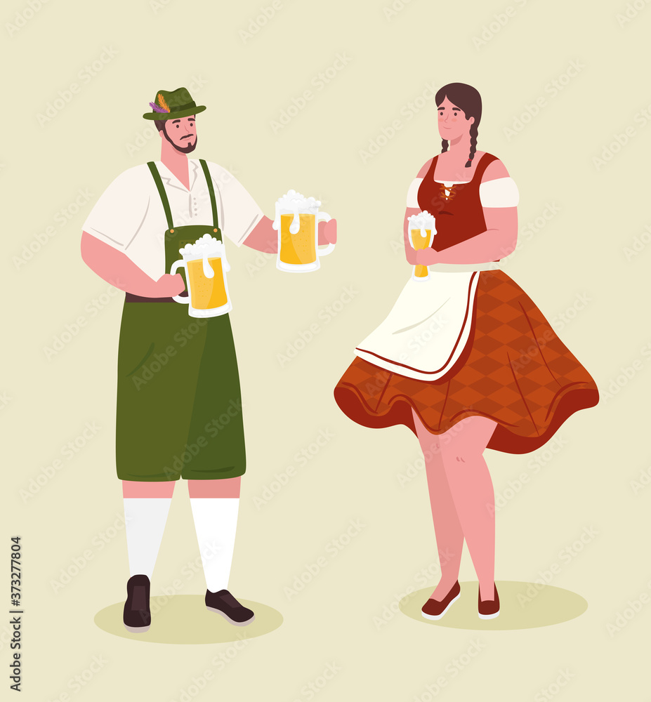 Obraz premium couple german in national dress with beer jars for oktoberfest festival vector illustration design