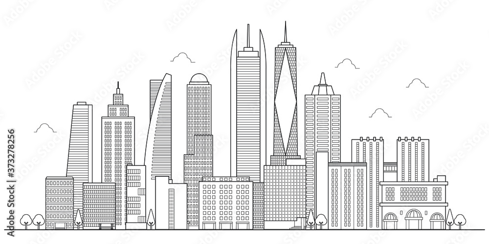 Landscape of modern and high building. Architecture, structure, house facades, exterior, outdoors. Vector illustration, linear, thin line art, outline, hand drawn, sketch.