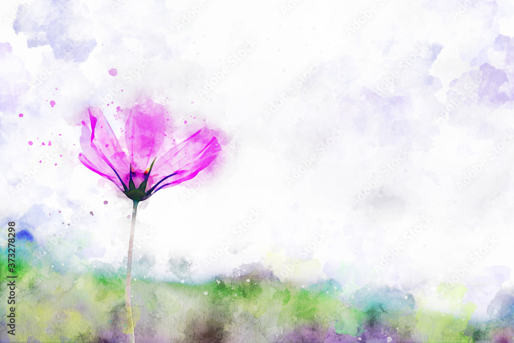 Pink cosmos flower with green hill background, digital watercolor painting - obrazy, fototapety, plakaty 