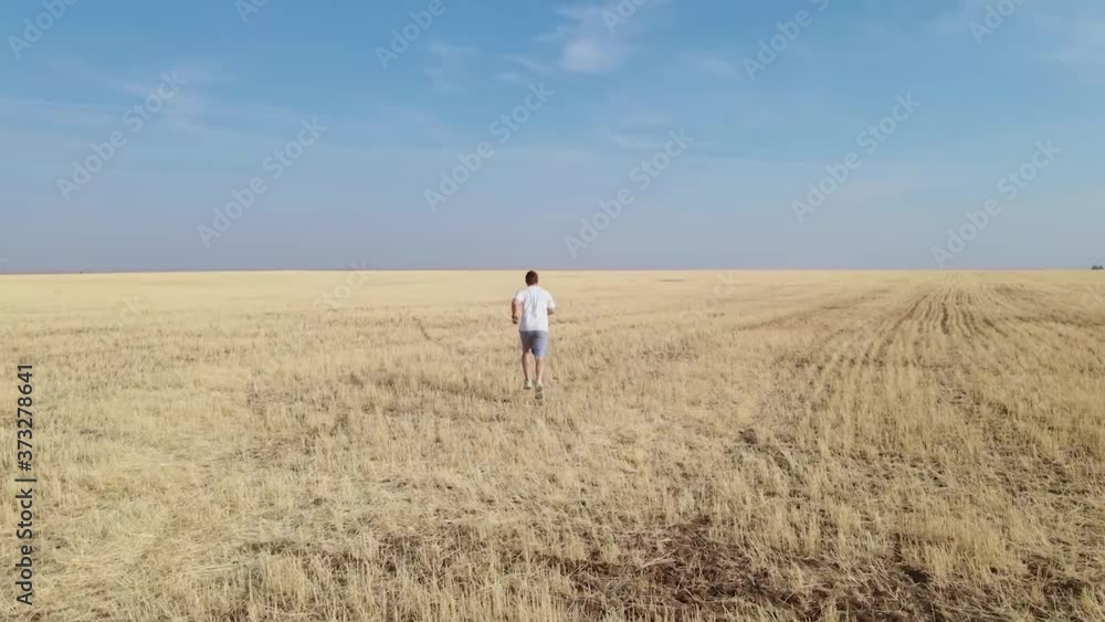 Athletic man runs across dried mown field after harvesting wheat into the distance, drone shooting from different angles. Feeling lonely or free, trying to get away from problems. Athletic man runs across dried mown field after harvesting wheat into the distance, drone shooting from different angles. Feeling lonely or free, trying to get away from problems.