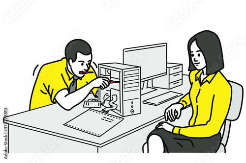 Male office worker examining and fixing CPU of computer for his colleague. Vector illustration character, outline, thin line art, hand drawn sketch design, simple style. 