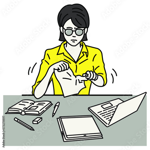 Vector illustration of stressed businesswoman tearing paper.