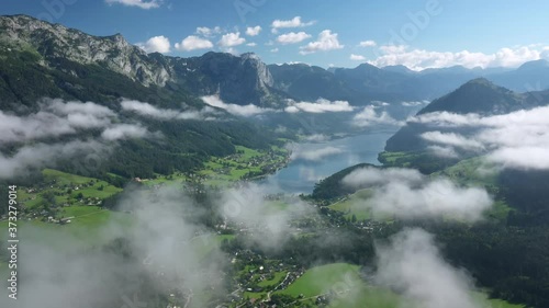 Lake Grundlsee with morning clouds at sunrise, Ausseerland, Salzkammergut, Austria
