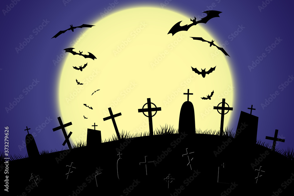Halloween scary graveyard background with trees, crosses and bats. Halloween. Silhouette of a tombstone. Printed labels and decorations for office, crafts, template. Vector
