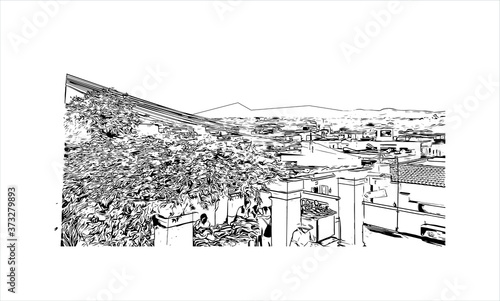 Building view with landmark of Arequipa is the colonial-era capital of Peru’s Arequipa Region. Hand drawn sketch illustration in vector.