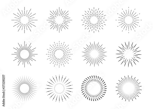Vector Collection of Retro Light Rays, Isolated on White Black Outline , Vintage Sketch Design Elements Collection.