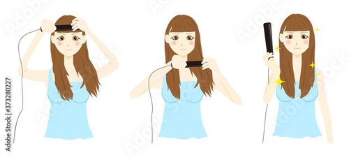 ヘアアイロンを使う　女性