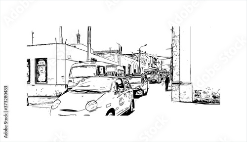 Building view with landmark of Arequipa is the colonial-era capital of Peru’s Arequipa Region. Hand drawn sketch illustration in vector.
