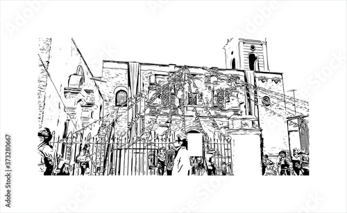 Building view with landmark of Arequipa is the colonial-era capital of Peru’s Arequipa Region. Hand drawn sketch illustration in vector.