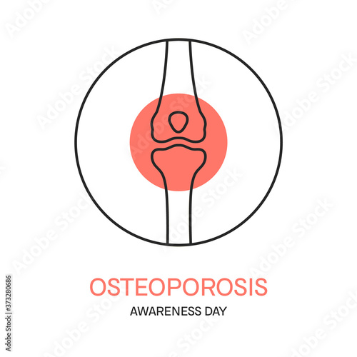 Osteoporosis awareness day poster with knee bones in a circle. Orthopedic brittle bones disease concept. Human body anatomy linear icon. Medical vector illustration.