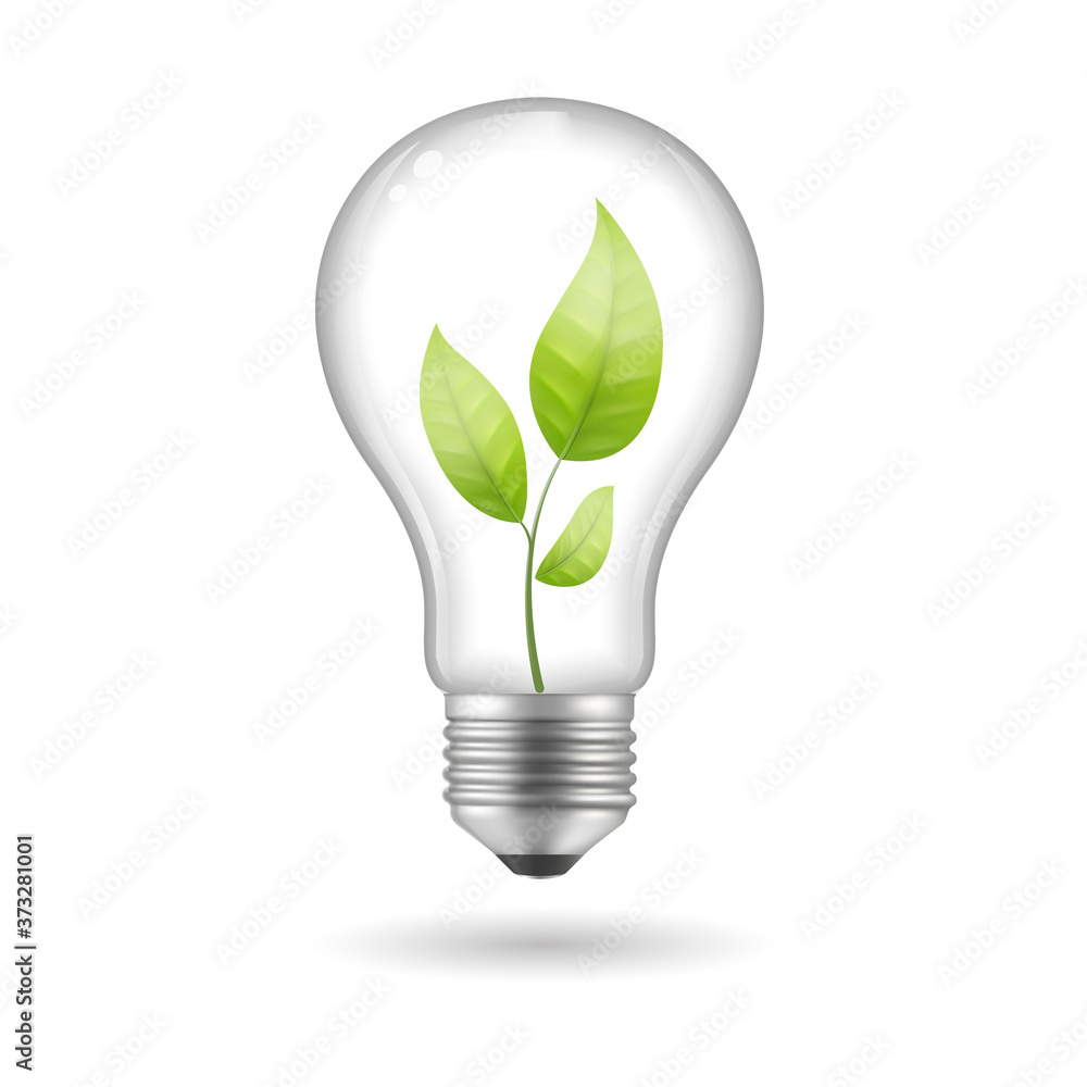 Realistic bulb with leaves inside. Eco concept. Vector illustration.