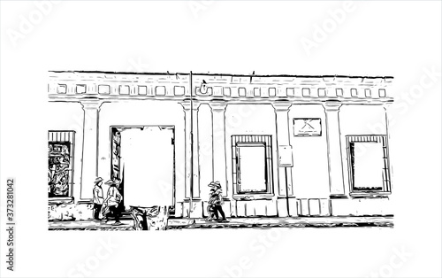 Building view with landmark of Arequipa is the colonial-era capital of Peru’s Arequipa Region. Hand drawn sketch illustration in vector.