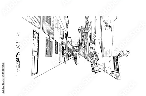 Building view with landmark of Arequipa is the colonial-era capital of Peru’s Arequipa Region. Hand drawn sketch illustration in vector.