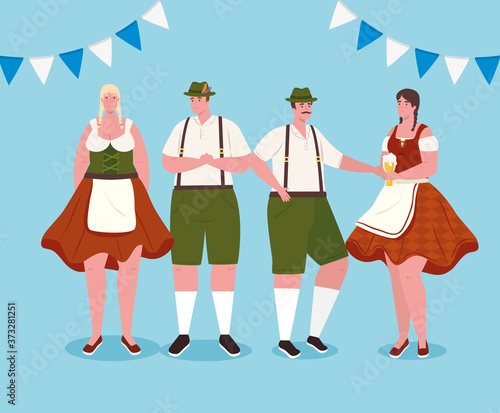 people german in national dress, women and men in traditional bavarian costume with garlands decoration vector illustration design