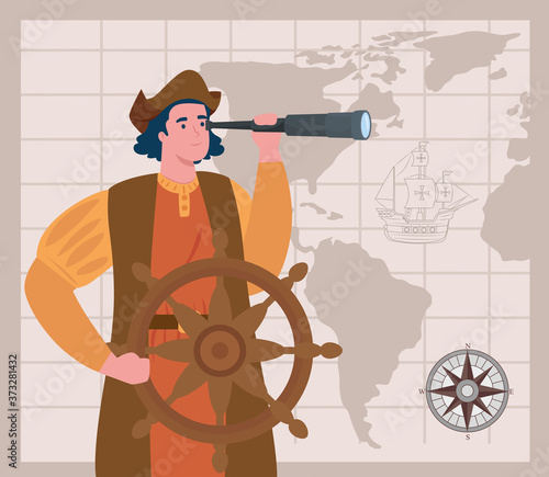 happy columbus day national usa holiday, and christopher columbus with telescope vector illustration design
