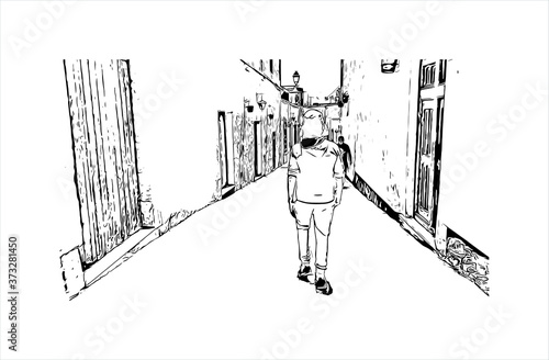 Building view with landmark of Arequipa is the colonial-era capital of Peru’s Arequipa Region. Hand drawn sketch illustration in vector.
