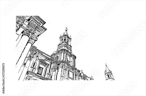 Building view with landmark of Arequipa is the colonial-era capital of Peru’s Arequipa Region. Hand drawn sketch illustration in vector.