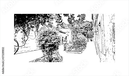 Building view with landmark of Arequipa is the colonial-era capital of Peru’s Arequipa Region. Hand drawn sketch illustration in vector.