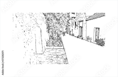 Building view with landmark of Arequipa is the colonial-era capital of Peru’s Arequipa Region. Hand drawn sketch illustration in vector.