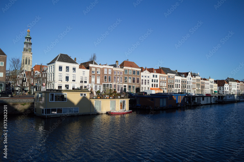 Canal Houses and Houseboats in Traditional Dutch Seaside Town Vlissingen, Zeeland, Netherlands