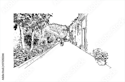 Building view with landmark of Arequipa is the colonial-era capital of Peru’s Arequipa Region. Hand drawn sketch illustration in vector.