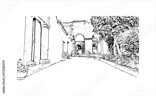 Building view with landmark of Arequipa is the colonial-era capital of Peru’s Arequipa Region. Hand drawn sketch illustration in vector.