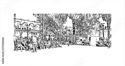 Building view with landmark of Arequipa is the colonial-era capital of Peru’s Arequipa Region. Hand drawn sketch illustration in vector.
