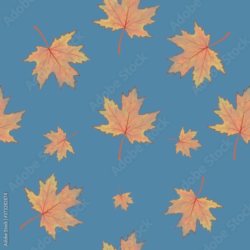 Maple leaves in Autumn season with seamless pattern and blue background.