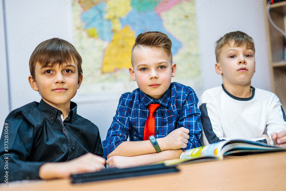 Schoolchildren on the lesson in primary school. Boys looking at camera. Selective focus. Schoolchildren on the lesson in primary school. Boys looking at camera. Selective focus.