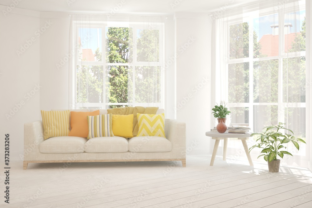 Fototapeta premium White living room with sofa and summer landscape in window. Scandinavian interior design. 3D illustration