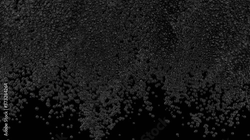 3d animation of black explode of foamy bubbles moving up isolated sphere or balls of fizzy water