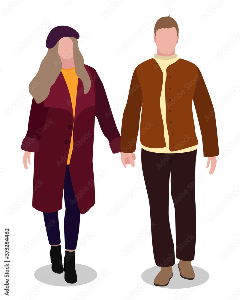 Vector illustration of a beautiful woman and a man in trendy autumn clothes isolated on a white background. A man and a woman are holding hands. Characters in trending flat cartoon style Vector illustration of a beautiful woman and a man in trendy autumn clothes isolated on a white background. A man and a woman are holding hands. Characters in trending flat cartoon style