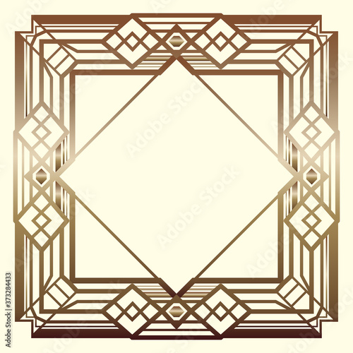 Magnificent square retro design for vintage party Gatsby style. Art Deco frame. Gold geometric background 1920s lifestyle. Light white background.