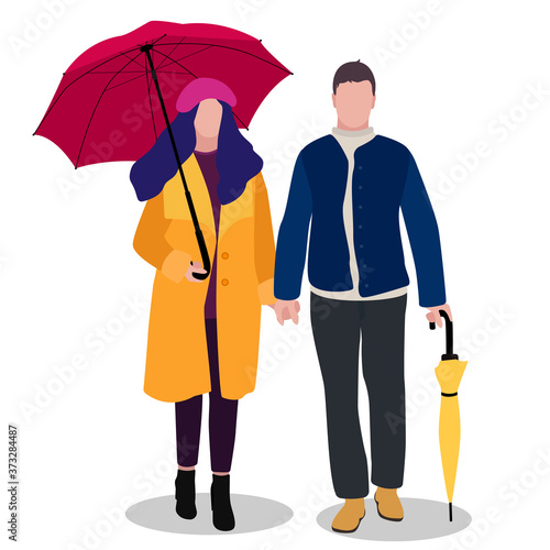 Vector illustration of a beautiful woman and man in trendy autumn clothes with umbrellas isolated on a white background. Man and woman holding hands. Characters in trending flat style