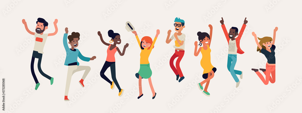 Diverse group of happy people jumping. Cheerful multinational and multiracial people celebrating together. Flat vector winning characters collection