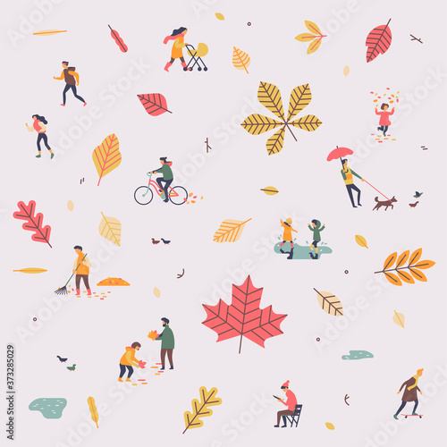 Lovely vector minimalist pattern on fall or autumn season with falling leaves and abstract people enjoy their time outdoors
