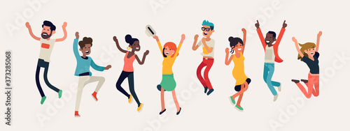 Diverse group of happy people jumping. Cheerful multinational and multiracial people celebrating together. Flat vector winning characters collection