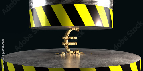 Symbol of the Golden Euro with cracks under the hydraulic press. Fall or resistance of the Euro. 3d rendering