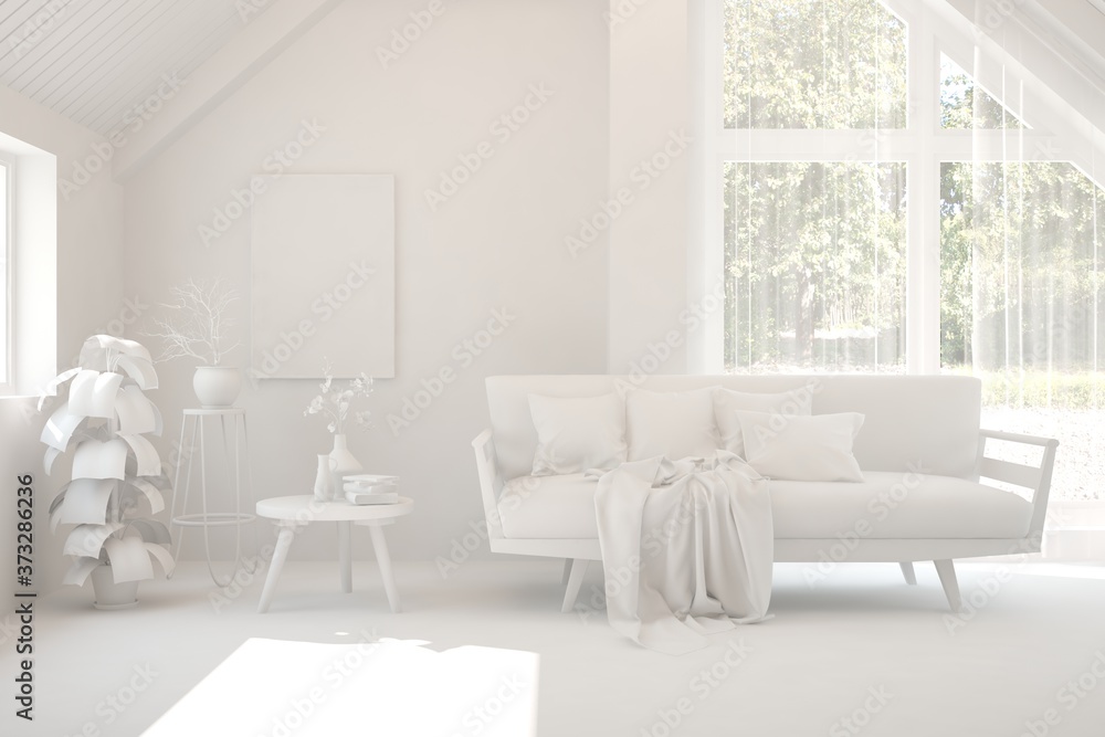 White living room with sofa and summer landscape in window. Scandinavian interior design. 3D illustration White living room with sofa and summer landscape in window. Scandinavian interior design. 3D illustration