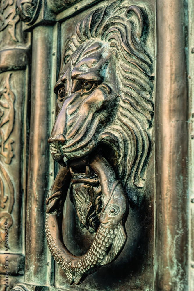  Copper lion. Antique wrought iron door handle