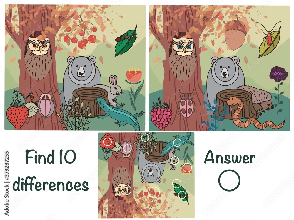 Find 10 differences. Find the differences. Logical game. Forest and ...