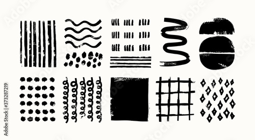 Various sketchy Doodle Shapes and Objects. Freehand black Lines, curves, dots, spiral. Brush stroke style. Grunge texture. Hand drawn abstract Vector set. All elements are isolated
