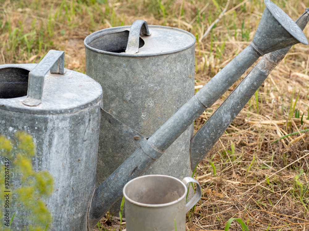 several old antique iron watering cans stand on the ground in the countryside several old antique iron watering cans stand on the ground in the countryside