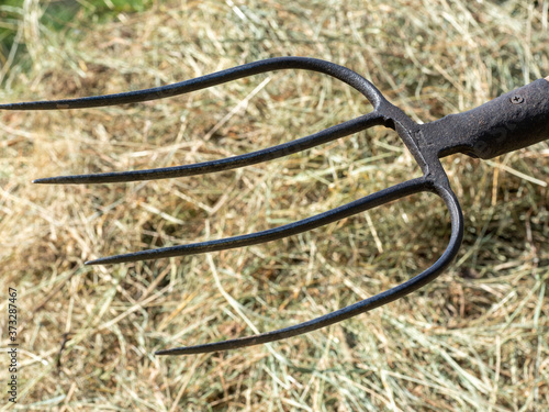 close-up of a hay fork. A tool for agriculture.