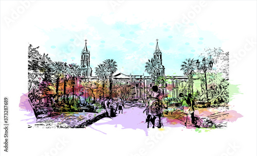 Building view with landmark of Arequipa is the colonial-era capital of Peru’s Arequipa Region. Watercolor splash with hand drawn sketch illustration in vector.