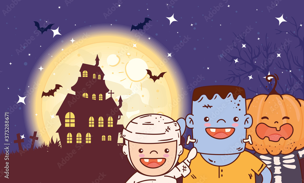 children disguised for happy halloween celebration with house haunted vector illustration design